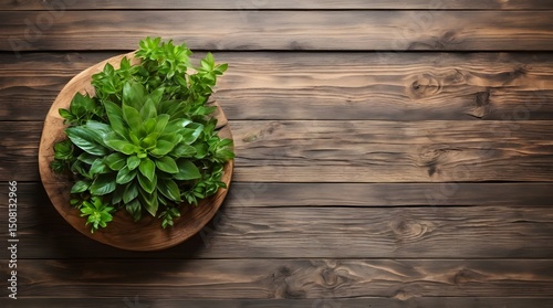 Rustic wooden table showcasing thriving green plant testament to nature.generative.ai
