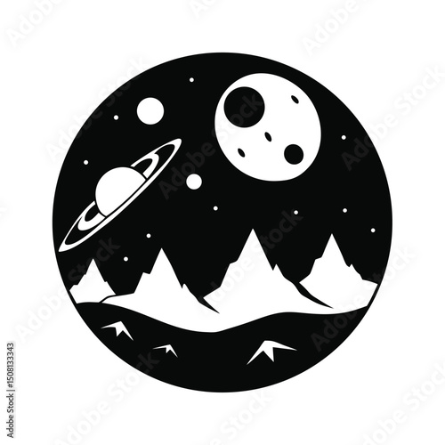 Whimsical black and white illustration of a celestial landscape with planets and mountains