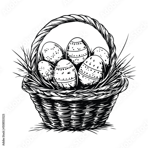Easter Blessings in Every Basket vector silhouette, Easter Basket Filled with Patterned Eggs Silhouette Vector Illustration
