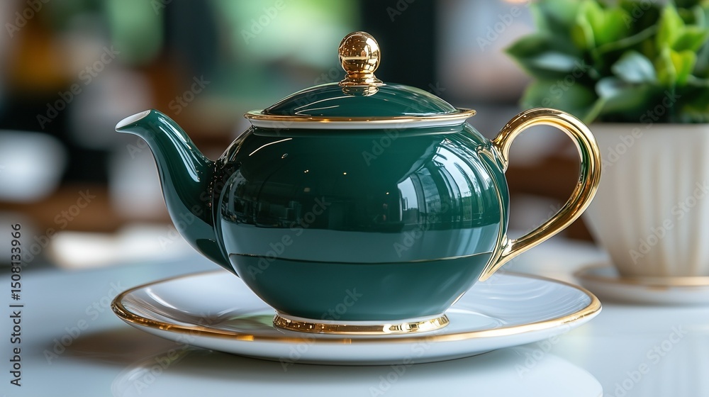 Elegant and Luxurious: Exquisite Tea Set of Dark Green Gilded Teapot and Saucer Elegant and Luxurious: Exquisite Tea Set of Dark Green Gilded Teapot and Saucer