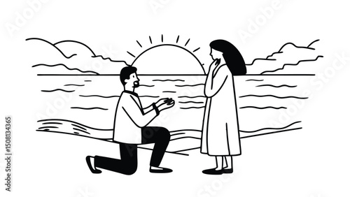 love and people concept - smiling young man with engagement ring making proposal to happy woman on beach,line art icon with white background.