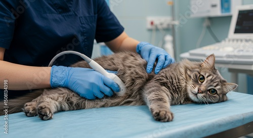 Fluffy Gray Tabby Cat Undergoing Ultrasound Examination by Medical Professional in Navy Scrubs on Pale Blue Table