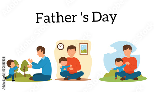 Set of flat illustrations showing heartwarming moments between father and child, perfect for celebrating Father's Day, parenting content, or family-themed designs
