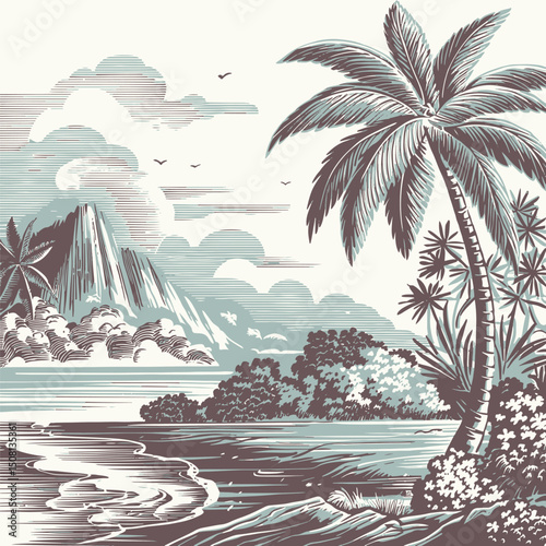 Tropical scene tree mountain vector illustration vintage design