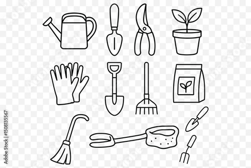  Minimalist Gardening Line Art Icons – Plant Care Tool Vector Set
