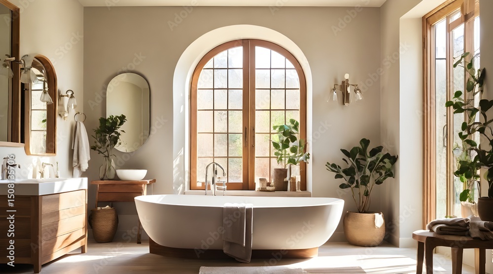 Fototapeta premium Sunlit bathroom with freestanding tub woven basket wooden stool.generative.ai