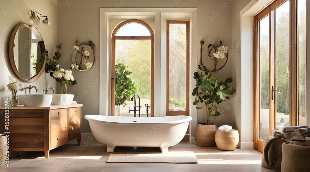 Fototapeta premium Sunlit bathroom with freestanding tub woven basket wooden stool.generative.ai
