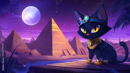 Black cat with golden accessories in front of pyramids at night.