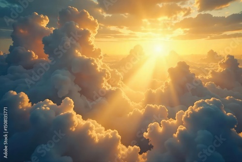 Golden light streams through clouds, illuminating a majestic, ethereal landscape; a scene of divine, godly power and serenity , religion, tranquil, clouds