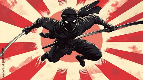 Ninja in mid-air with swords.