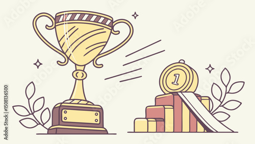 Celebrating Success Gold Trophy and Winner's Medal Illustration