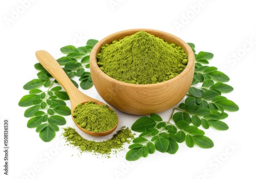 Organic moringa powder in wooden bowl with fresh leaves
