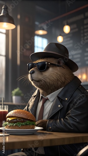 A cartoon beaver wearing sunglasses and a fedora sits at a table in a diner. A hamburger is placed in front of it. The setting is cozy and modern with warm lighting.