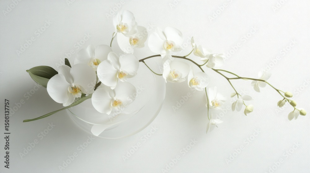 Obraz premium Top-down view of flowering orchid plant in circular pot on white studio surface