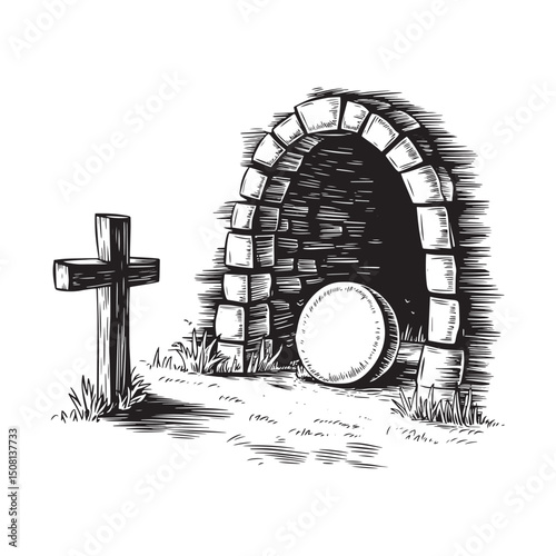Jesus' empty tomb  with cross vector illustration design
