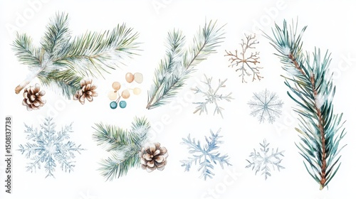Watercolor Winter Set with Pine Branches Pine Cones Berries and Snowflakes Isolated on White Background