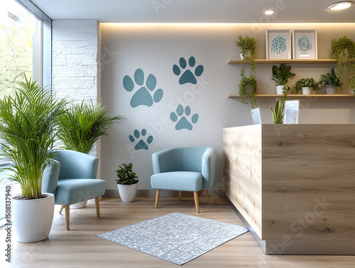 Empty vet clinic waiting area with comfortable armchairs, houseplants, paw print decoration, and wooden reception desk