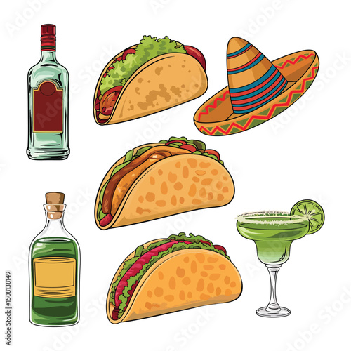 Tacos Mexican food and drink, and Sombrero hat vector illustration