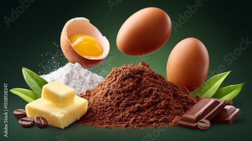 Collection of Chocolate Cake Ingredients Including Cocoa, Eggs, Butter, Sugar, and Chocolate on a Dark Green Background photo