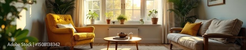 Cozy living room scene with armchair, coffee table, houseplants, and a warm, inviting atmosphere Perfect for home decor, family, comfort, and relaxation themes , warm, green