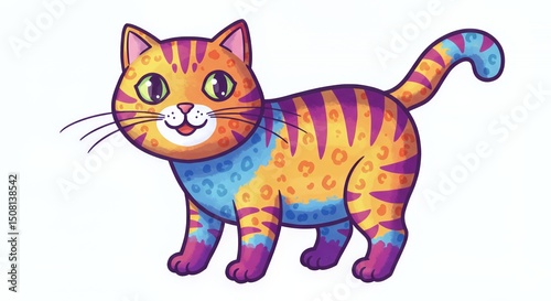 Colorful Stylized Cat Figure with Orange Yellow Purple and Blue Hues Isolated on a Clean White Background Digital Art and Cartoon Illustration