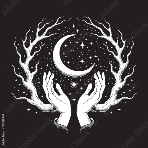 Hand with moon night sky vector design, and t-shirt design