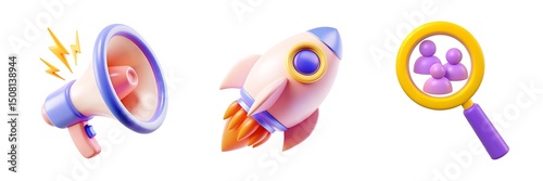 Marketing and startup set of 3d icons on white background: megaphone, rocket launch, magnifying glass with people