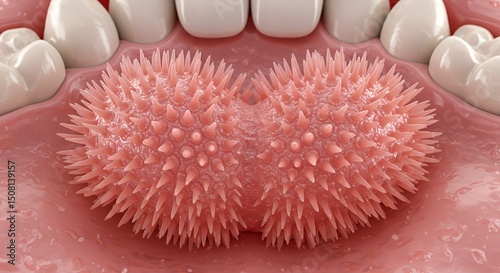 Extreme Closeup Macro Shot of a Textured Fleshy Pink Tongue Organ with Dense Papillae Glistening Against Pale Flesh Tone Background Perfect for Medical Visualization Illustration