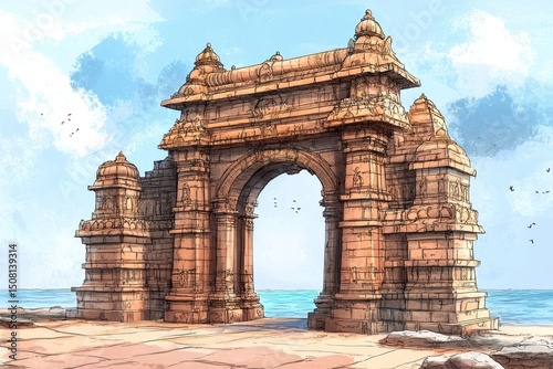 Gujarat India. Hand-drawn Illustration of Dwarka Temple by the Sea photo