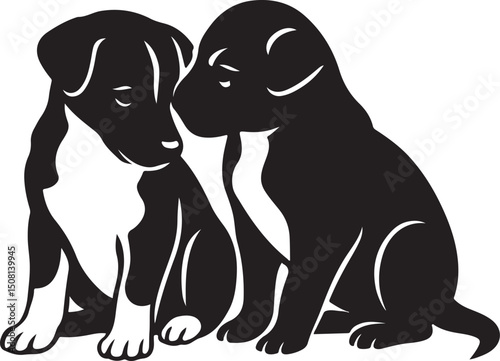 Two puppies showing affection silhouette art, Cute dogs cuddling black and white