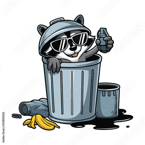 Raccoon in the trash and holding a grenade vector illustration