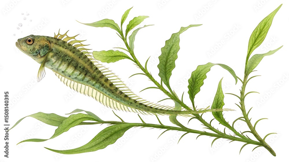 Naklejka premium Detailed Watercolor Illustration of a Tube Snout Fish Swimming Among Aquatic Plants with Bubbles Isolated on White Background for Scientific or Artistic Purposes