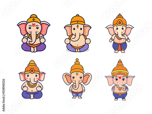Cute Ganesha Chibi Cartoon Vector Set – Adorable Hindu Elephant God in Kawaii Style for Cultural Designs, Spiritual Projects, and Children’s Art