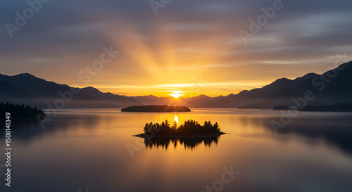 Stunning Sunrise over Serene Lake with Island Silhouette and Mountain Range