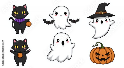 Halloween Cartoon Characters Black Cat Ghosts Pumpkins on White Background Isolated