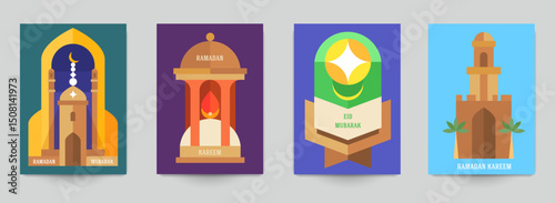 Islamic beautiful design template. Minimal composition in art style. Set holiday background for branding card, banner, cover, flyer or poster. Vector illustration.