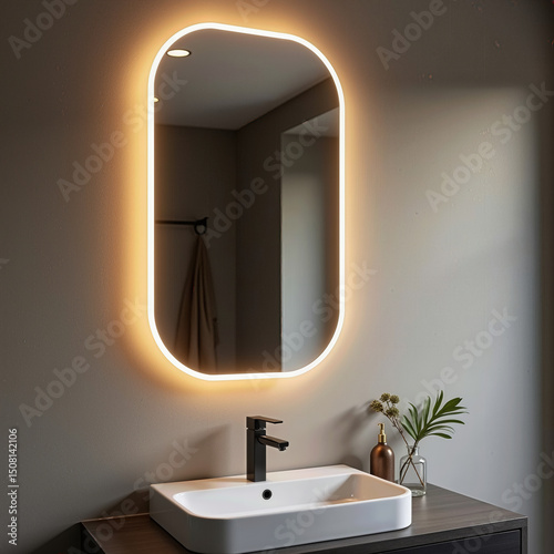 Modern LED-backlit oval mirror above minimalist dark vanity with matte black faucet, soft ambient lighting and decor accents for a sleek, contemporary bathroom styling

