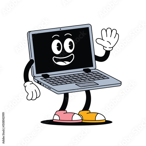 vector flat cartoon funny laptop humanized male character with arms, legs and face showing thumbs up smiling . Isolated illustration on a white background.
