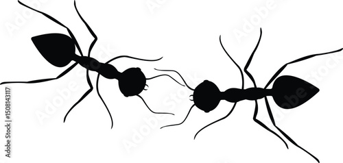 Two ants running around the curved green blade of grass on a blue background.eps