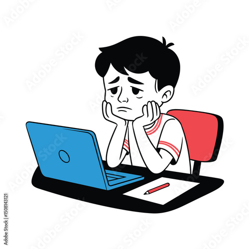 Stressed cartoon boy with low battery icon
