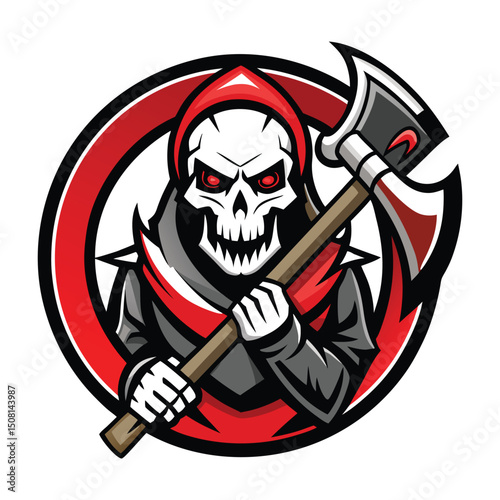 38 Vactor mascot skull axe red Dark knight shield tattoo Grim Reaper with a scythe in fire. Death character