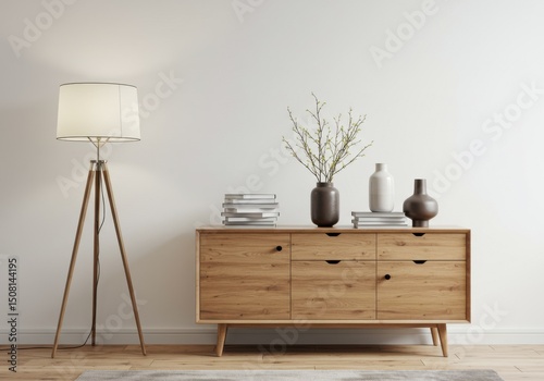 Modern light wood sideboard with tripod lamp and decor