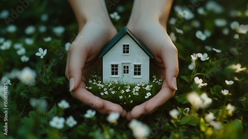 Miniature house held gently in hands amidst springtime flowers.