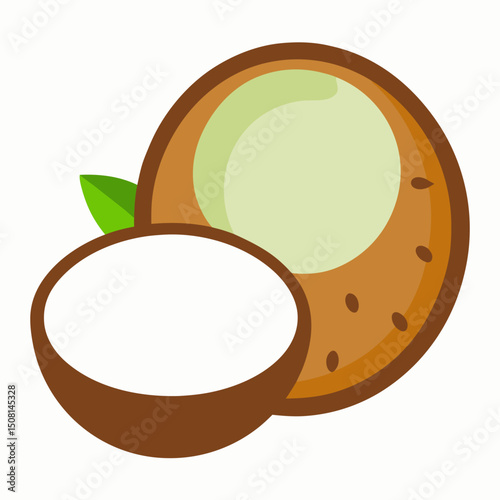 Coconut flakes heap, half of split coconut and whole vector on white background.