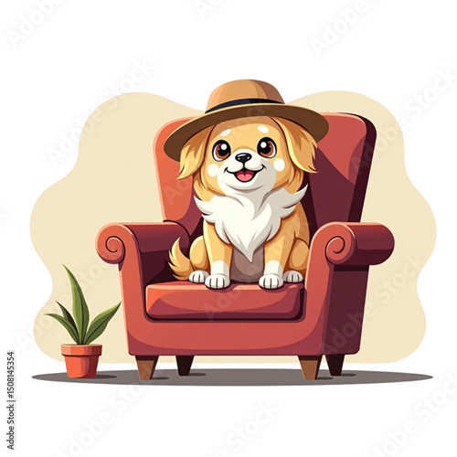 Illustration of a cheerful dog wearing a hat sitting comfortably in a chair, showcasing a playful and friendly atmosphere