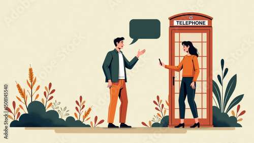 Illustration of two people engaged in conversation near a telephone booth, highlighting communication and connection