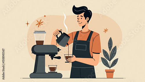Illustration of a barista pouring coffee from an espresso machine, showcasing the art of coffee making and a lively atmosphere