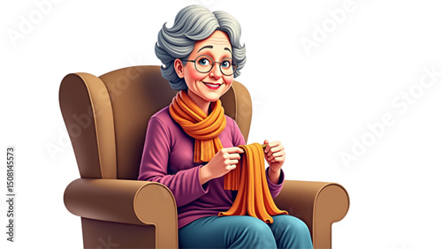 Illustration of an older woman happily knitting in a cozy armchair, showcasing the art of crafting and relaxation