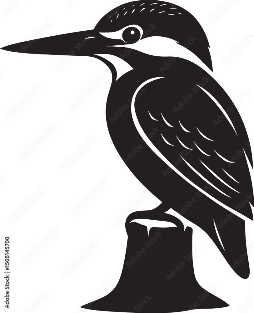 Fototapeta premium Kingfisher perched on stump silhouette, Bird resting illustration black white