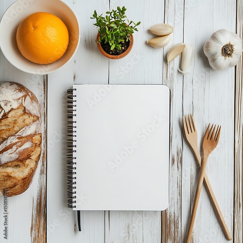 A blank notebook with a loaf of bread, citrus fruit, and herbs on a white wooden surface.